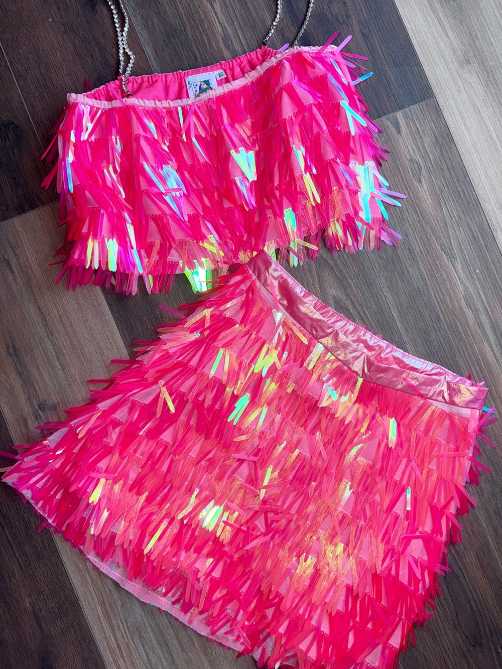 QUEEN OF SPARKLES Neon Pink Iridescent Fringe Two-Piece Dress Set